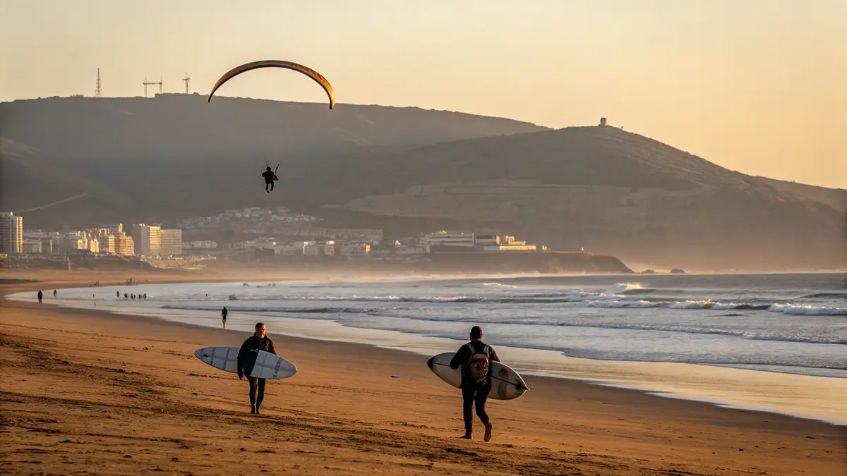 Parapente en vol au dessus de la mer au coucher du soleil à Agadir avec des promeneurs sur la plage et la ville en arrière plan.