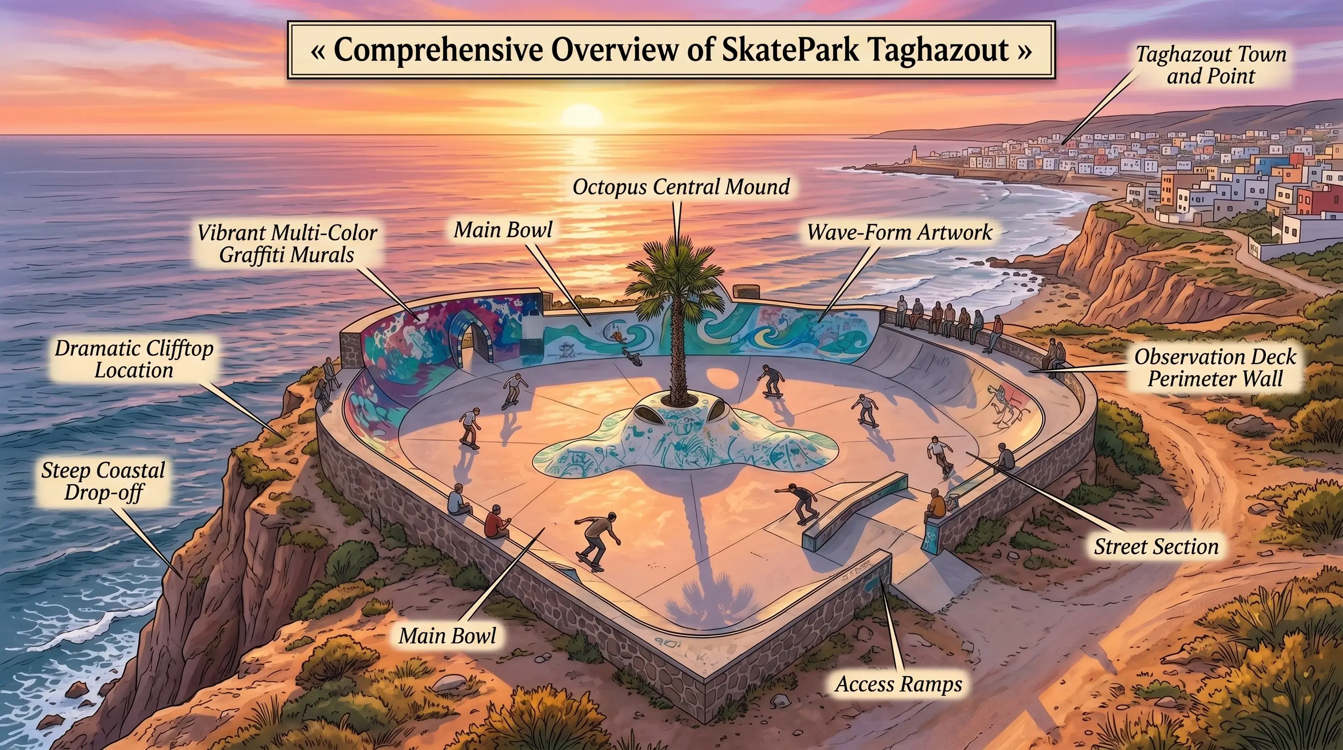 Vue pittoresque de SkatePark Taghazout montrant sa disposition