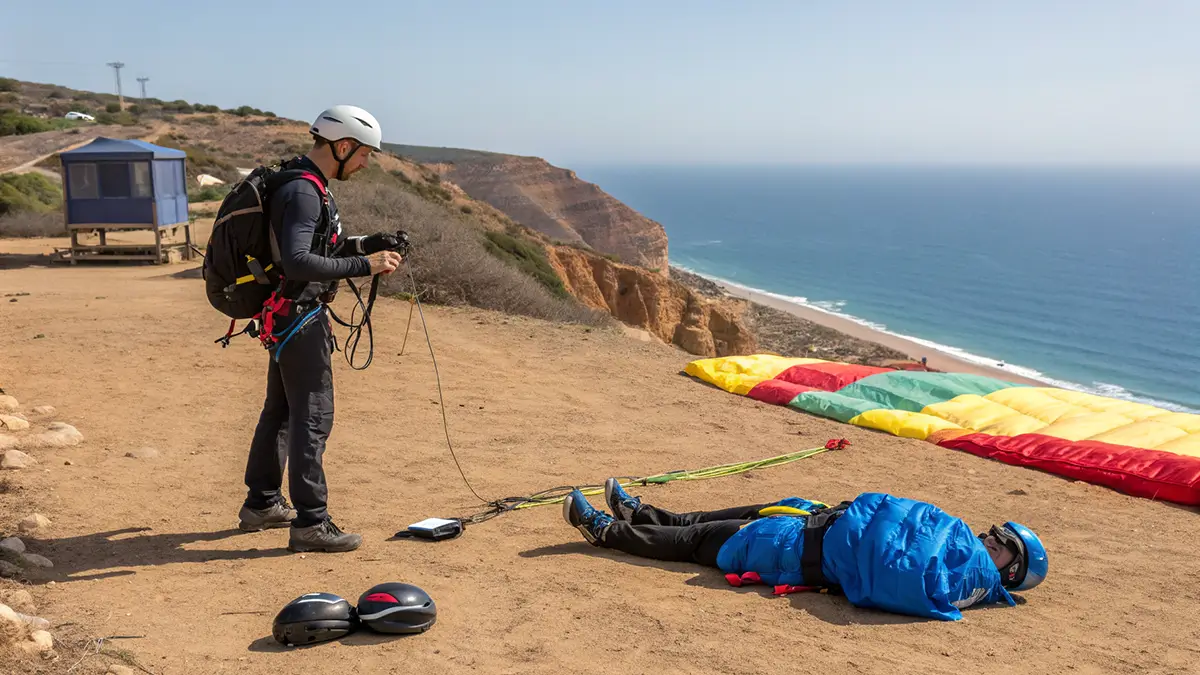 Moniteur de parapente à Agadir expliquant le matériel à un touriste devant une voile colorée, falaise et océan en arrière plan.