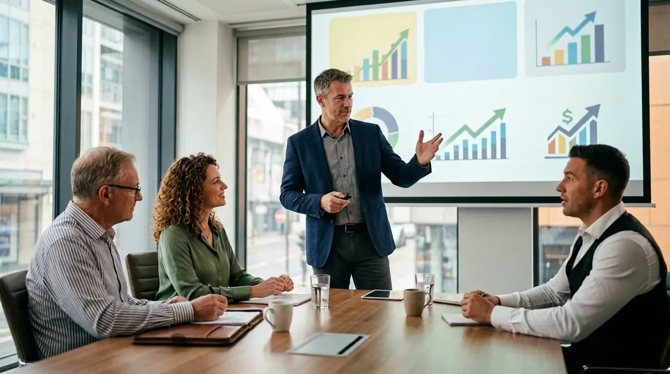 Une équipe réussie présentant une étude de cas sur les solutions de leasing corporatif.