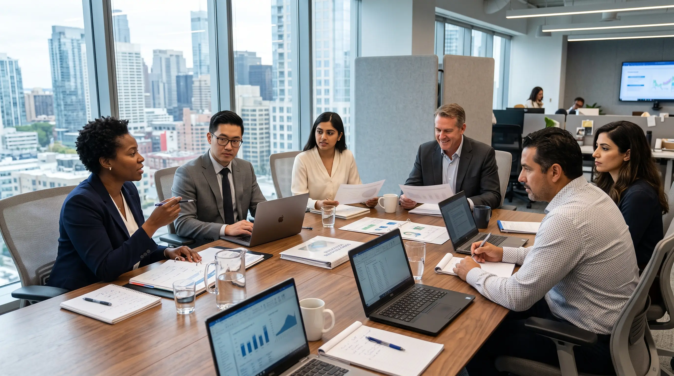 Un professionnel discutant des solutions de leasing corporatif avec une équipe d'affaires.