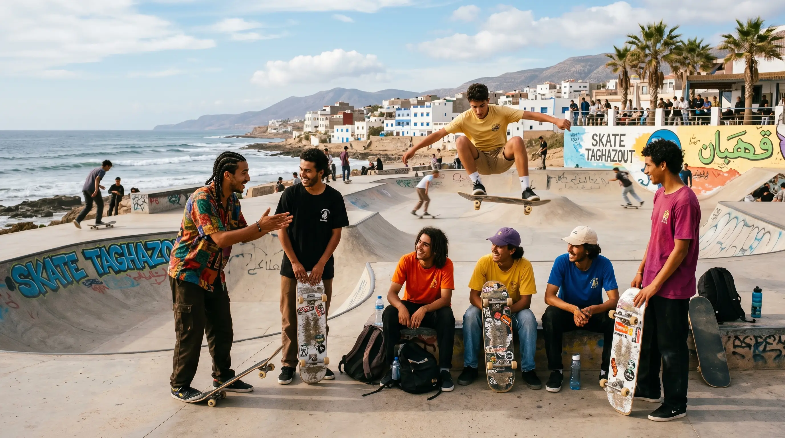 Skateurs profitant du vibrant SkatePark Taghazout