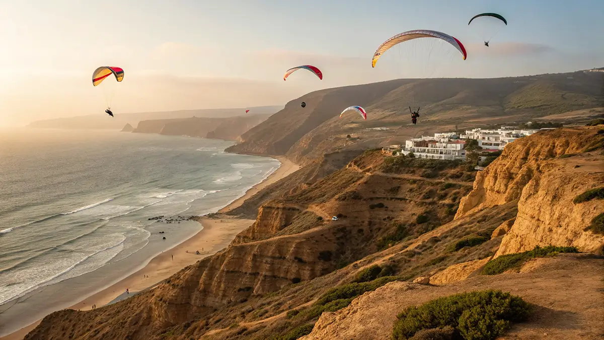 Plusieurs parapentes colorés en vol au dessus de la côte nord d’Agadir vers Taghazout, falaises et longues plages de sable au bord de l’océan.