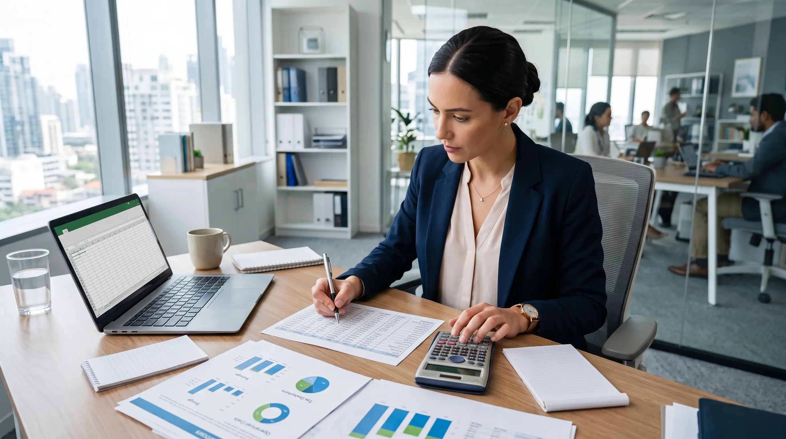 Une femme d'affaires calculant les avantages financiers des solutions de leasing corporatif.
