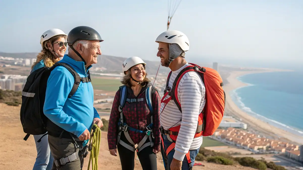 Groupe de voyageurs équipés de casques et harnais près d’un décollage de parapente à Agadir, moniteur qui les briefe avec la mer en contrebas.