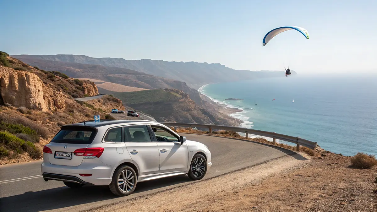 Voiture de location garée sur une route panoramique près d’Agadir avec un parapente en vol au dessus de l’océan et des falaises au loin.