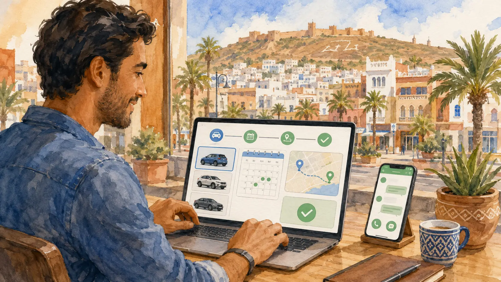 Ilustracja procesu rezerwacji online dla wypożyczalni samochodów Agadir z AMSEEL CARS.